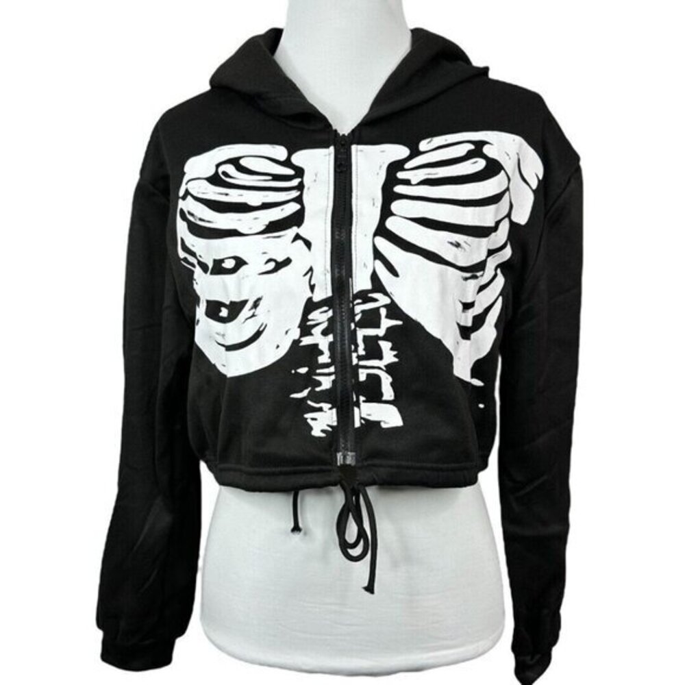 Womens Black Skeleton Rib Cage‎ Cropped Zip Up Hoodie Sweatshirt Size 2XL NEW